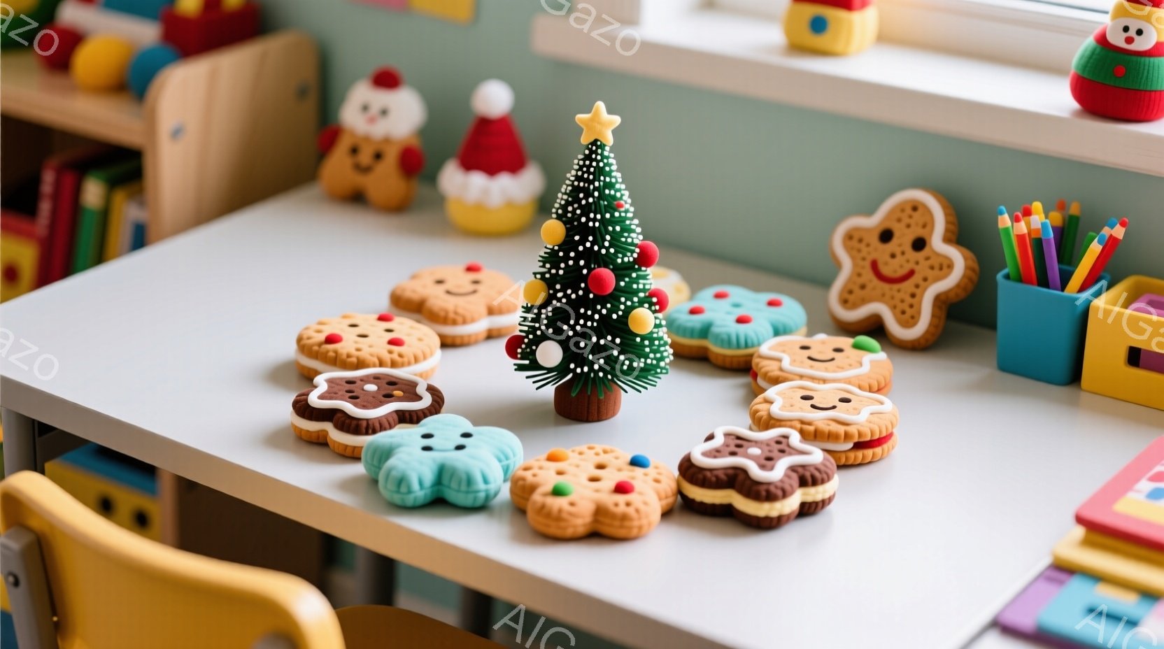白いテーブルの上に、クリスマスをテーマにしたクッキーや小さなクリスマスツリーが並べられています。カラフルなアイシングで飾られたクッキーは様々な形をしており、まるで子供たちが作った作品のようです。背景に - AI生成フリー素材