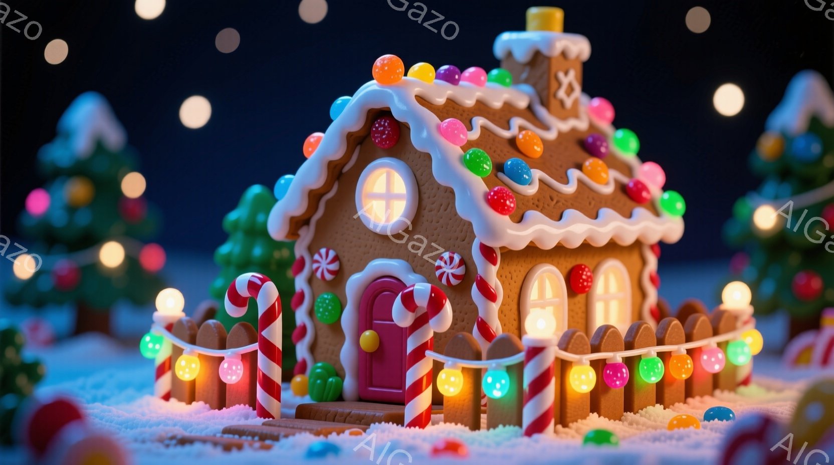 ジンジャーブレッドで作られた可愛らしい家が雪の上に建っています。屋根はカラフルなキャンディーで飾られ、フェンスはペパーミントキャンディでできており、カラフルなライトが輝いています。背景にはぼんやりとク - AI生成フリー素材