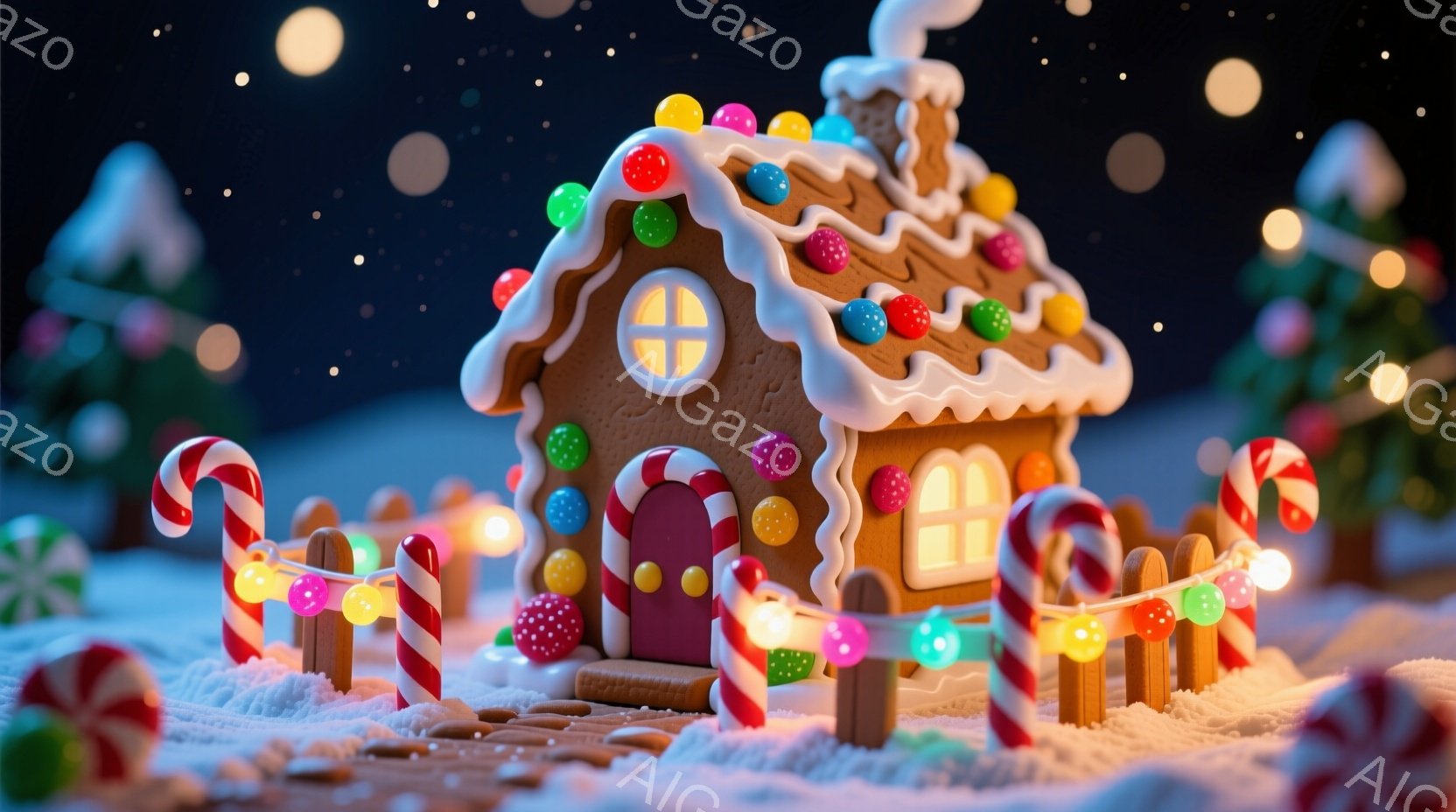 キャンディケーンやカラフルな飾りが施された、ジンジャーブレッドハウスの幻想的な光景を描いています。雪景色の中で、ジンジャーブレッドハウスはカラフルな電飾で縁取られ、クリスマスの温かく魔法のような雰囲気 - AI生成フリー素材