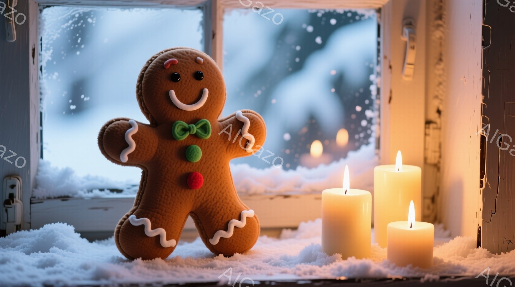 生姜焼きクッキーのような人形が、雪が積もった窓辺に立っている。人形は緑色のリボンで飾られており、穏やかな笑顔を浮かべている。背景には雪景色が広がり、暖かく優しい光を放つキャンドルが数本置かれていること - AI生成フリー素材