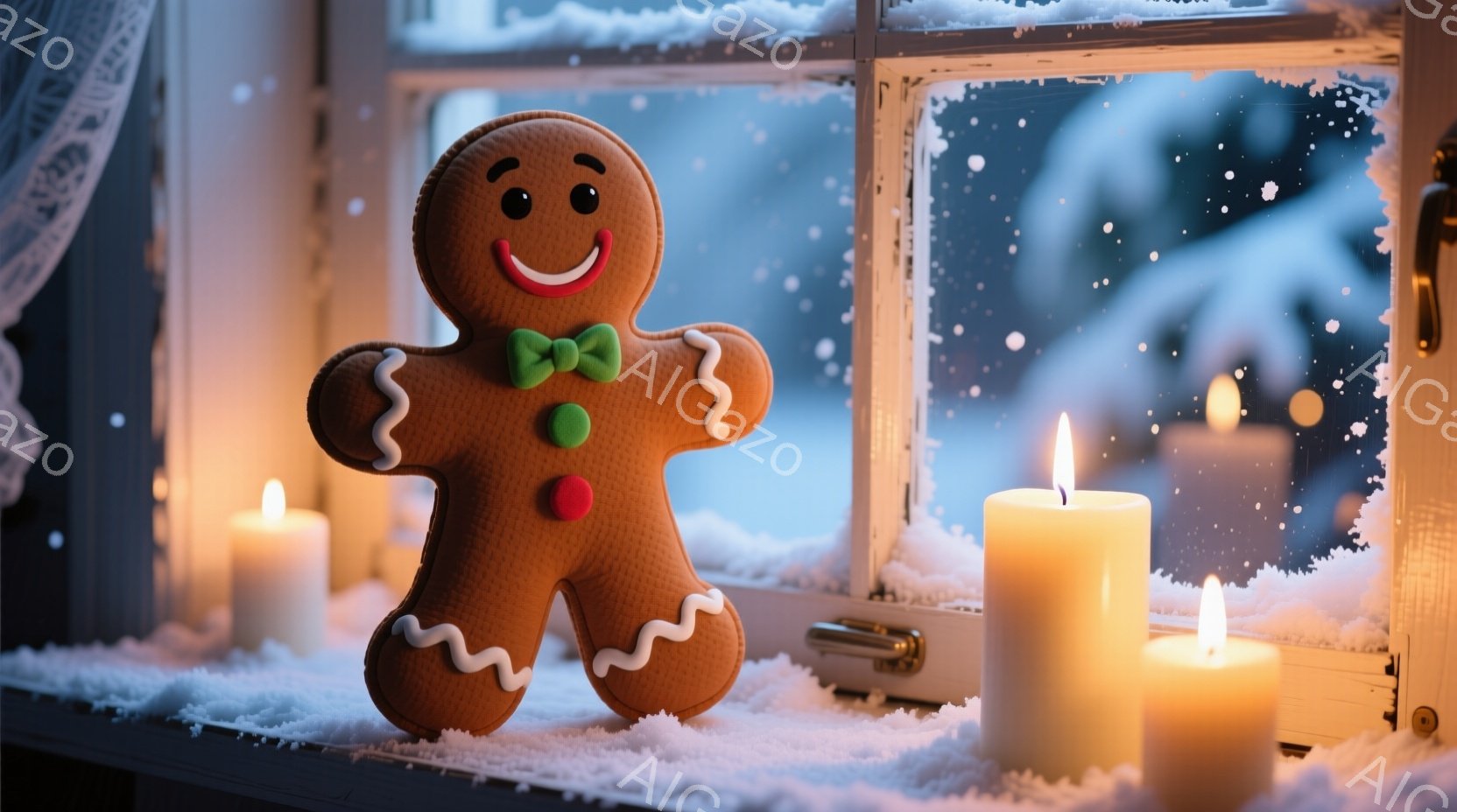 ジンジャーブレッドマンが雪景色を背景にした窓辺に立っている。ジンジャーブレッドマンは緑のリボンで飾られており、微笑みを浮かべている。背景にはぼやけた雪景色と、点灯しているいくつかのロウソクがあり、温か - AI生成フリー素材
