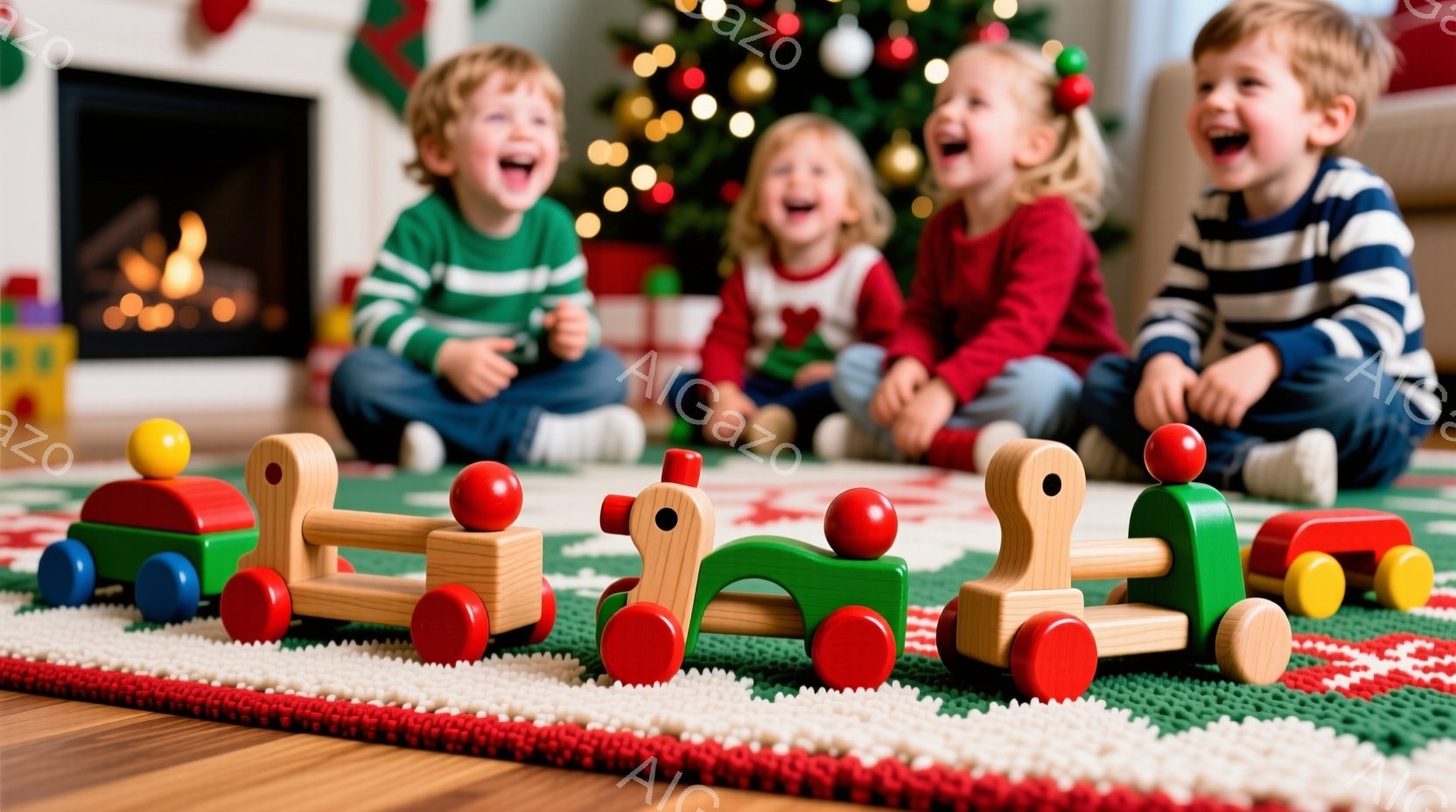 暖炉とクリスマスツリーを背景に、四人の子供たちが赤い敷物の上に座って楽しそうに笑っています。子供たちはそれぞれ異なる色のセーターを着ており、髪型も様々です。木製の列車のおもちゃが彼らの前に並べられてお - AI生成フリー素材