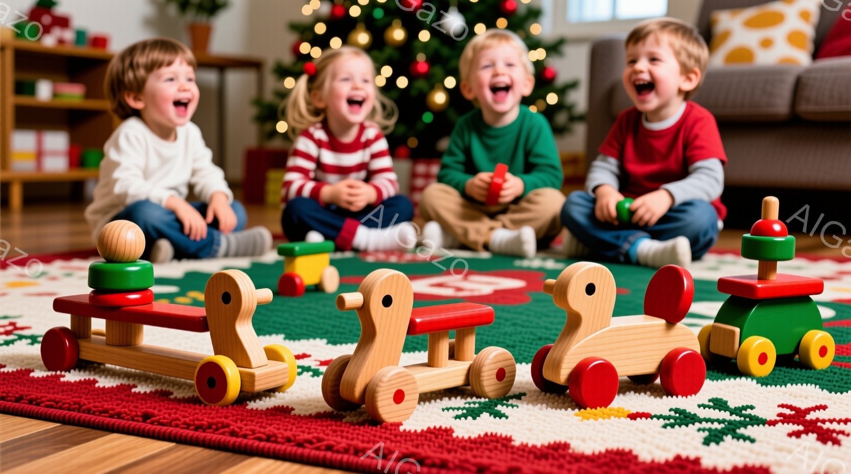 暖炉とクリスマスツリーが背景に見える部屋で、四人の子供たちが円になって座り、木製の列車のおもちゃで遊んでいます。子供たちはそれぞれ赤、緑、白のセーターを着ており、皆笑顔で楽しそうにしています。絨毯は赤 - AI生成フリー素材