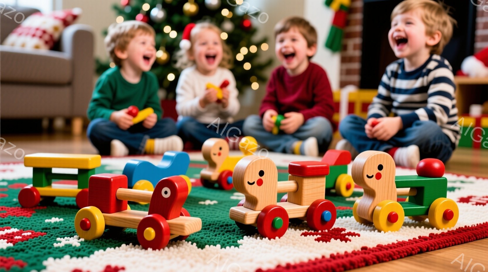暖炉のある部屋で、四人の子供たちが赤い絨毯の上に座り、木製の列車のおもちゃで遊んでいます。子供たちは皆笑顔で、楽しそうに笑っており、緑、赤、白のストライプの服を着ています。背景にはクリスマスツリーのぼ - AI生成フリー素材
