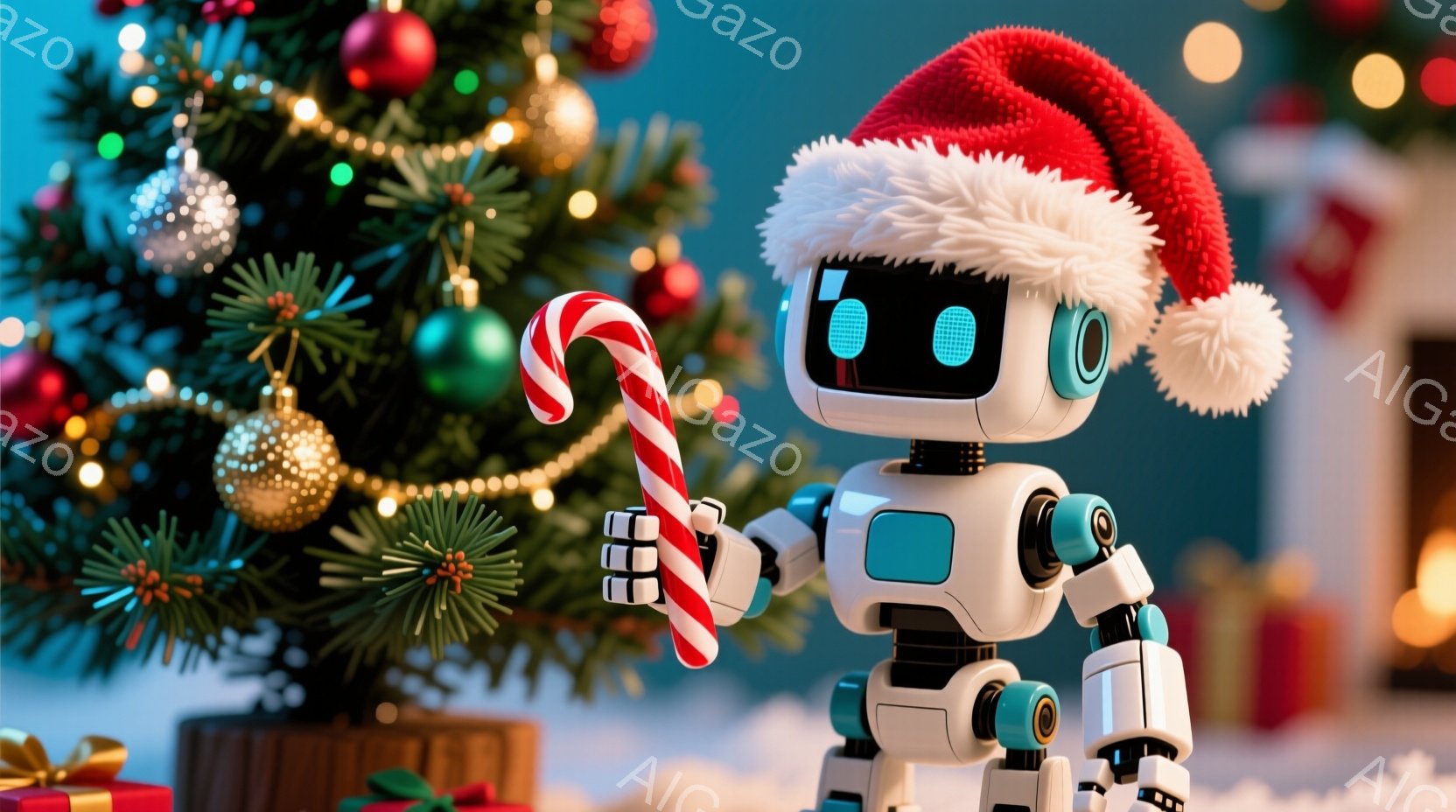 ロボットがサンタの帽子をかぶり、赤いキャンディケーンを持っています。背景には、オーナメントで飾られたクリスマスツリーとプレゼントの箱があり、雪景色が広がっています。全体的に、温かく、お祝いムードにあふ - AI生成フリー素材