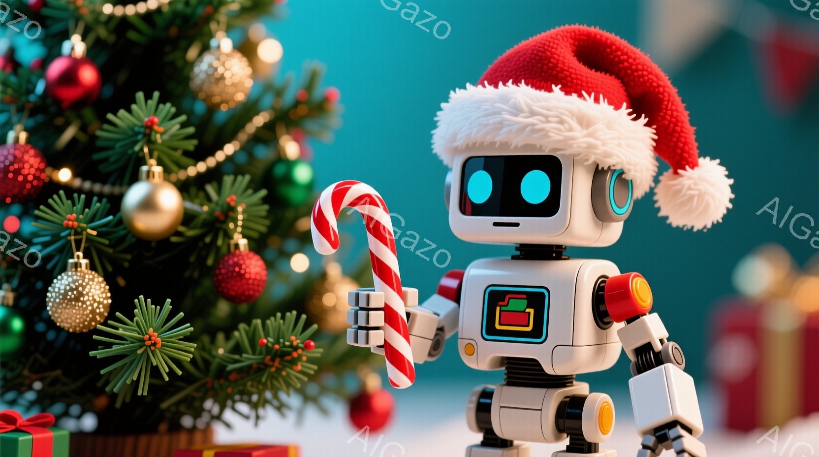 白いロボットが赤いサンタの帽子をかぶり、片手にキャンディケーンを持っています。背景にはクリスマスツリーが飾られ、プレゼントボックスが置かれた雪景色が広がっています。全体的に暖かく、お祝いムードにあふれ - AI生成フリー素材