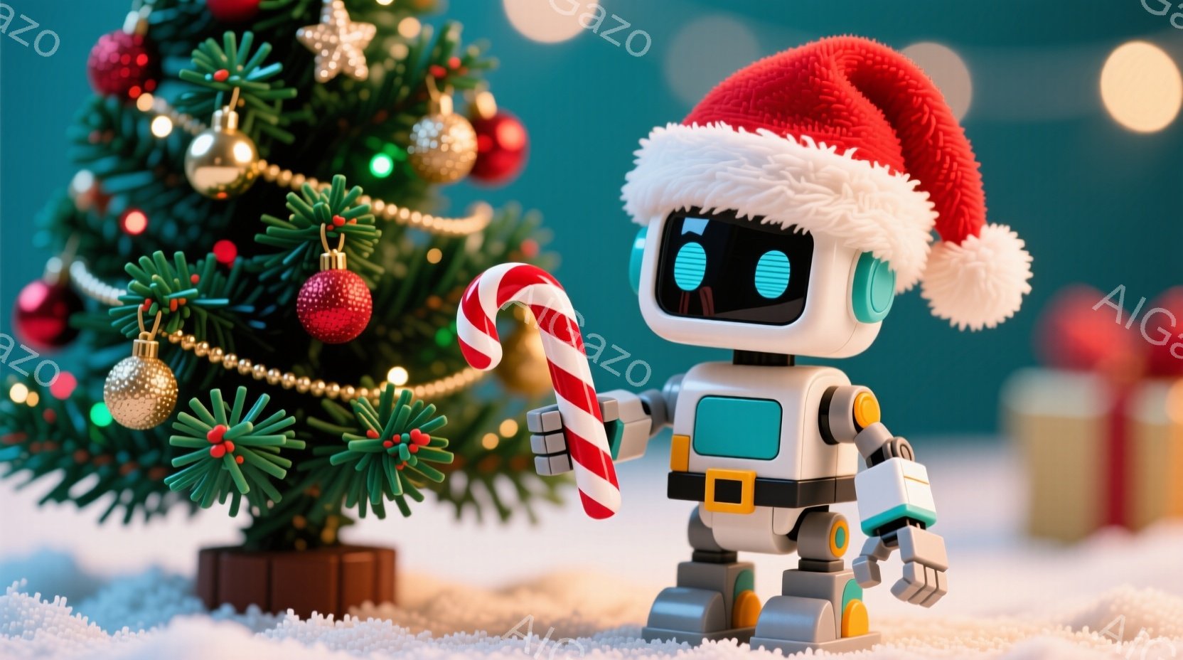 白いロボットがサンタ帽をかぶり、縞模様のキャンディケーンを持っています。背景にはクリスマスツリーやプレゼントが置かれた雪景色が広がり、ロボットは少し前かがみの姿勢でキャンディケーンを提示しています。全 - AI生成フリー素材