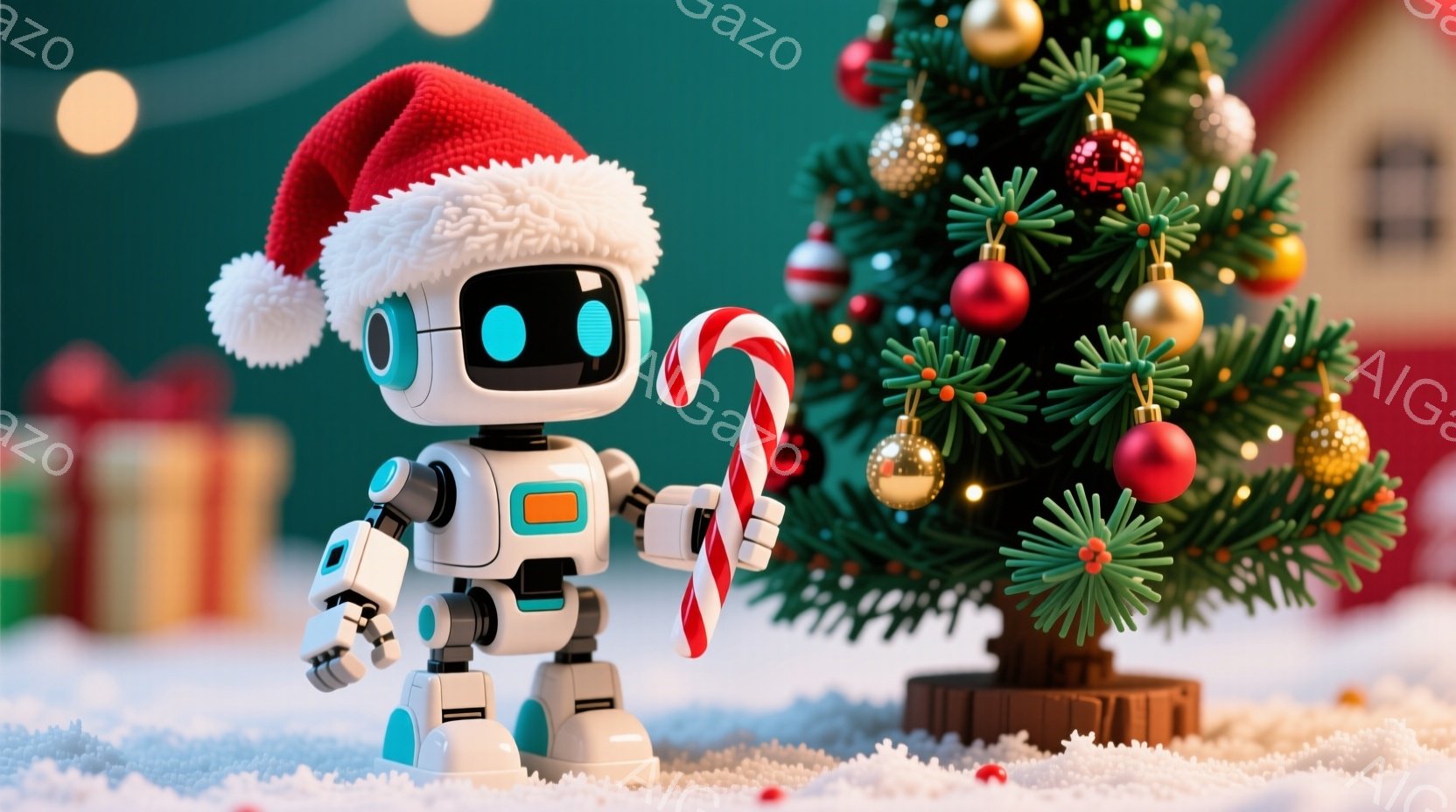 白いロボットがサンタ帽をかぶり、ねじれたキャンディケーンを持っています。背景にはクリスマスツリー、プレゼントボックス、雪景色が広がっており、冬の暖かく楽しい雰囲気が漂っています。ロボットの表情は明るく - AI生成フリー素材