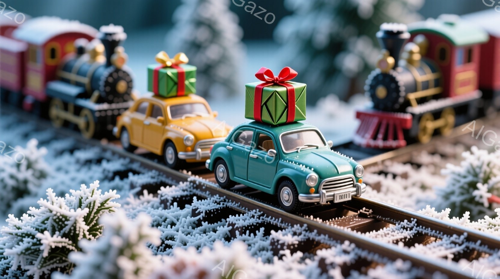 白い装飾が施された線路の上を、クリスマスプレゼントを積んだおもちゃの車が連なって走っている様子が描かれています。先頭には、クラシックな蒸気機関車が引き、冬の自然の中に魅力的な光景が広がっています。全体 - AI生成フリー素材