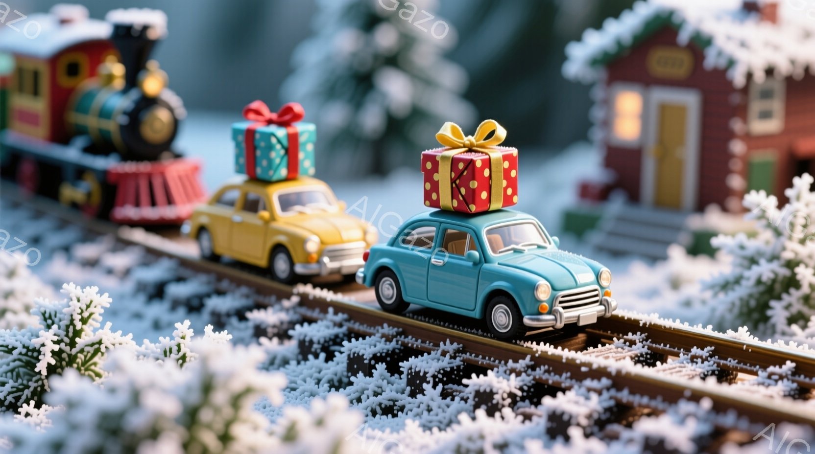 雪に覆われた線路上を、クリスマスプレゼントを積んだミニチュアの車が連なって走っている様子が描かれています。背景には、雪化粧した可愛らしい家々が見え、クリスマスの温かい雰囲気が漂っています。全体的に、幻 - AI生成フリー素材