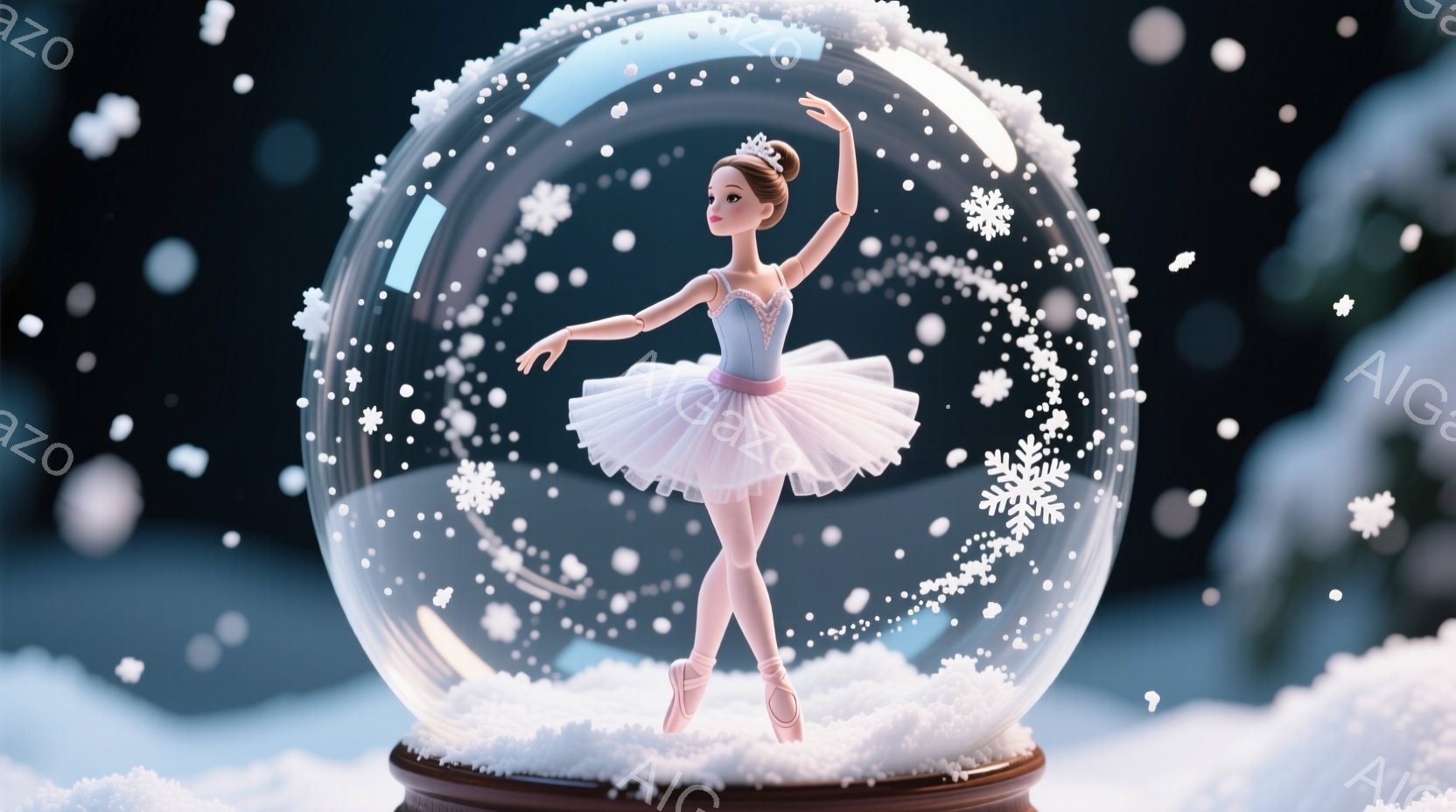 バレリーナが雪の降るガラス球の中にいます。彼女は薄いピンクのチュールスカートと水色のボディスーツを着ており、足元にはピンクのバレエシューズを履いています。頭には小さなティアラが輝き、右腕を優雅に上げ、ポーズをとっています。