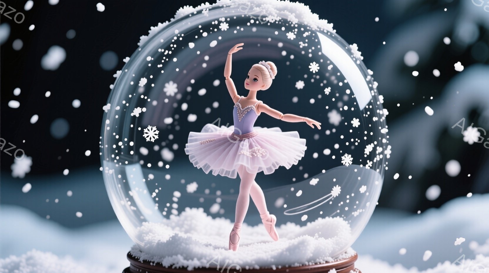 バレリーナの人形が、雪が舞うガラスの球体の中にいます。淡い紫色のレオタードに、何層にも重なったチュールスカートを身に着け、髪はシニヨンにまとめられています。球体の底には雪が積もっており、全体的に幻想的で温かい雰囲気が漂っています。