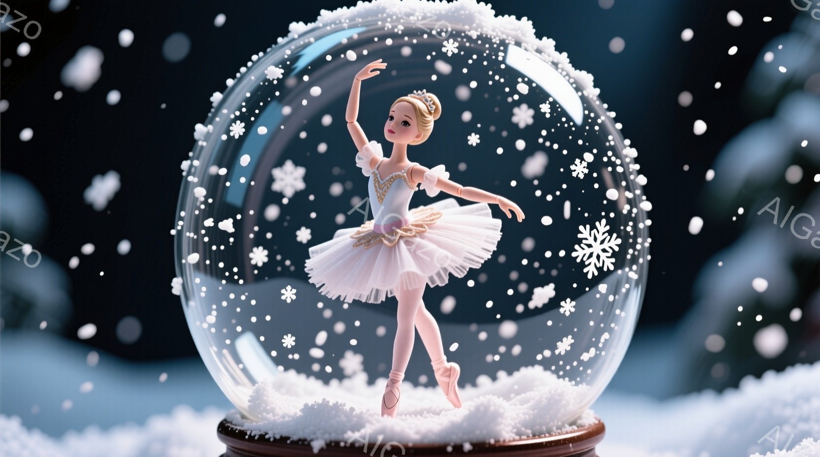 白いチュチュを着たバレリーナが、雪が舞うガラスの球体の中にいます。彼女は片足を上げ、優雅なポーズで踊っているように見え、金色の髪はきれいにまとめられています。球体の下には雪が積もった台があり、背景には - AI生成フリー素材