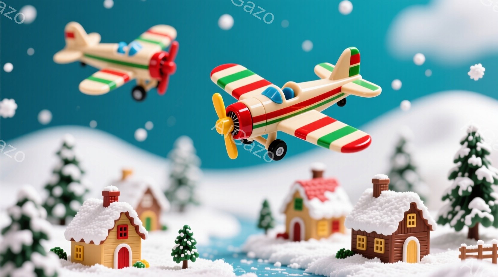 雪が降り積もる冬の風景の中に、赤いストライプが印象的な小型飛行機が2機、空を飛んでいる。雪で覆われた可愛らしい家々や、針葉樹が並び、穏やかで幻想的な雰囲気を醸し出している。背景は淡い水色で、全体的に温 - AI生成フリー素材