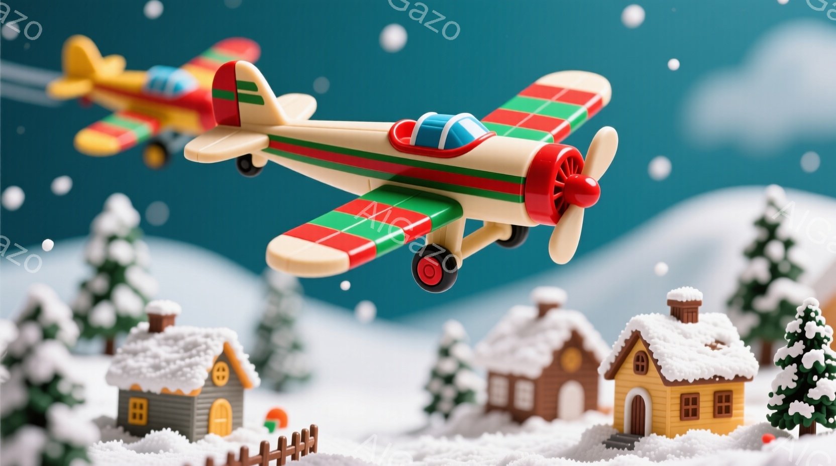 雪景色の中に、屋根に雪が積もった可愛らしい家々が並び、その上空をカラフルなプロペラ機が二機飛んでいる様子が描かれています。家々は温かみのある色合いで、クリスマスの雰囲気を感じさせ、背景の深い青色の空と - AI生成フリー素材