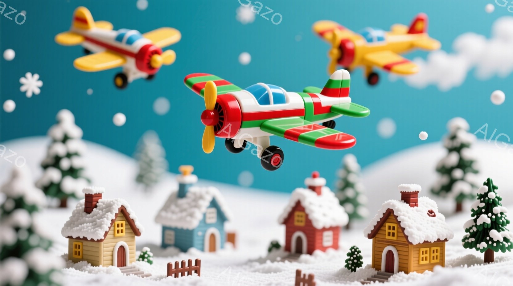 雪景色の中に、かわいらしい家々が並び、その上空をカラフルな飛行機が舞っている様子が描かれています。家々は屋根に雪が積もり、クリスマスツリーのような緑も点在し、冬の温かい雰囲気を醸し出しています。背景は - AI生成フリー素材