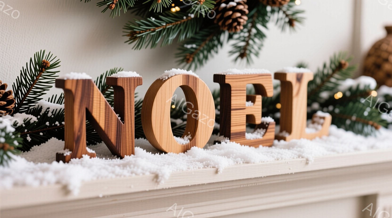 暖炉の上に、木製の文字で「NOEL」と書かれた装飾が置かれています。周囲には、緑のモミの枝と白い人工的な雪が散りばめられ、クリスマスの雰囲気を醸し出しています。全体的に暖かく、穏やかな印象を与える、冬 - AI生成フリー素材