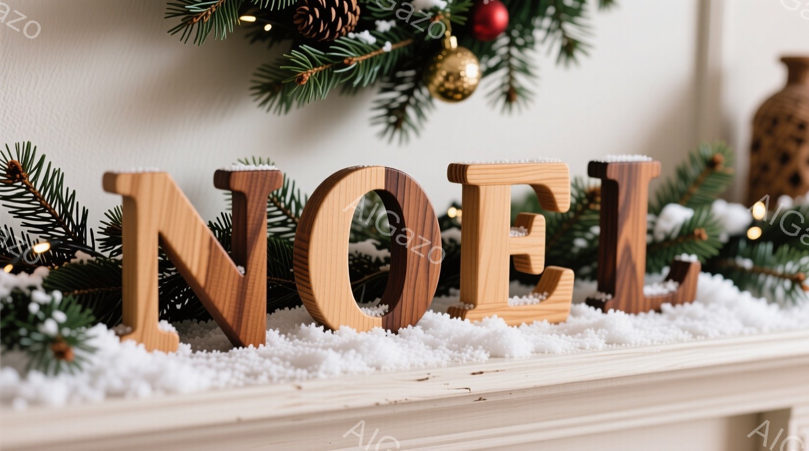 白い棚の上に配置された大きな木製の「NOEL」という文字のクローズアップです。周囲には、松の枝、小さな金色の飾り、そして人工の雪が散りばめられており、クリスマスの雰囲気を醸し出しています。暖色系の木材 - AI生成フリー素材