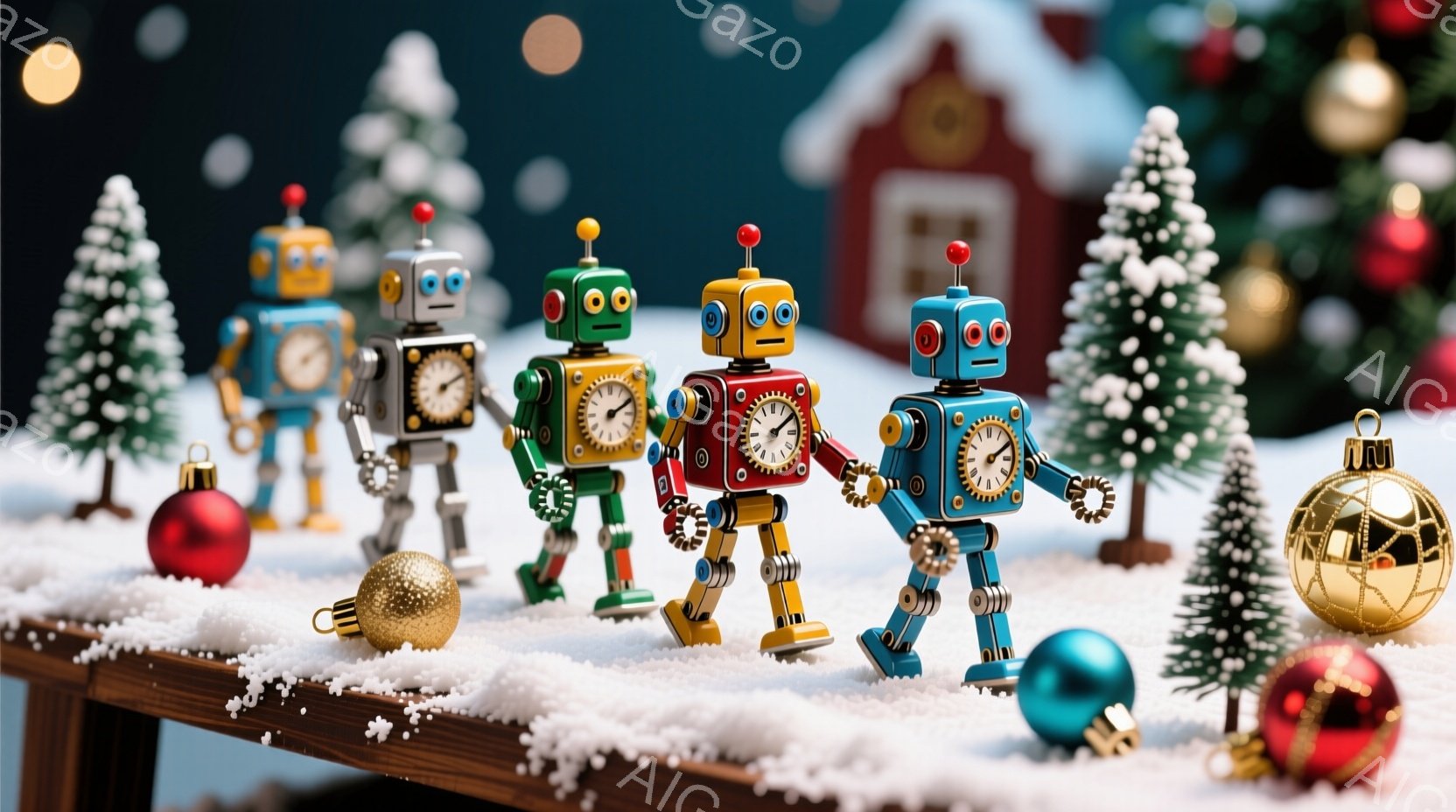 玩具のようなレトロなロボットたちが、雪景色の中に整列して立っています。彼らはそれぞれ異なる色（青、緑、赤、黄）のボディを持ち、顔にはアナログ時計の文字盤が組み込まれています。背景には、雪に覆われた小さな家やクリスマスツリーが配置され、赤い、青い、金のオーナメントが散りばめられています。