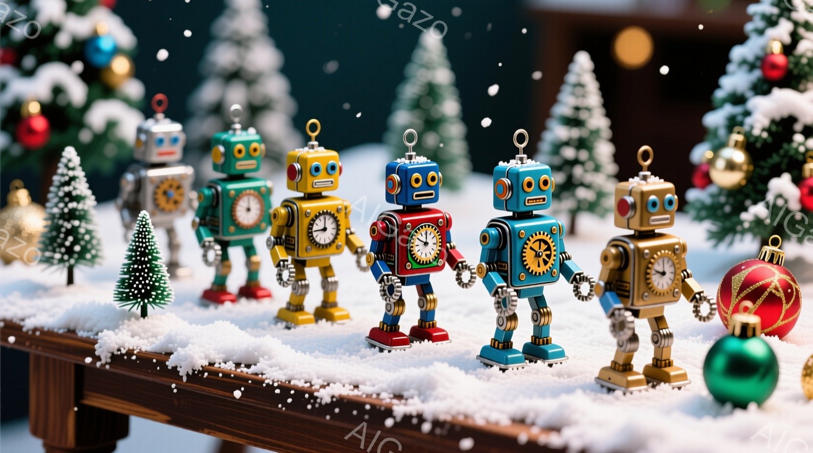 鮮やかな色のレトロなロボットたちが、雪景色の中に一列に並んでいます。ロボットたちは皆、同じような構造で、頭部にダイヤルや目のようなものが付いており、表情はありません。背景にはクリスマスツリーやオーナメ - AI生成フリー素材