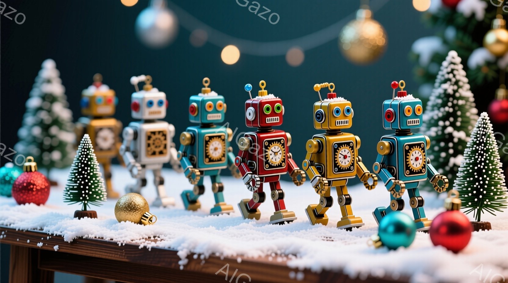 雪の降るテーブルの上に並んだ、レトロなロボットのおもちゃが写っています。それぞれ異なる色（白、赤、金、青）で、同じポーズで整列しており、おもちゃのクリスマスツリーやオーナメントで囲まれています。全体的 - AI生成フリー素材