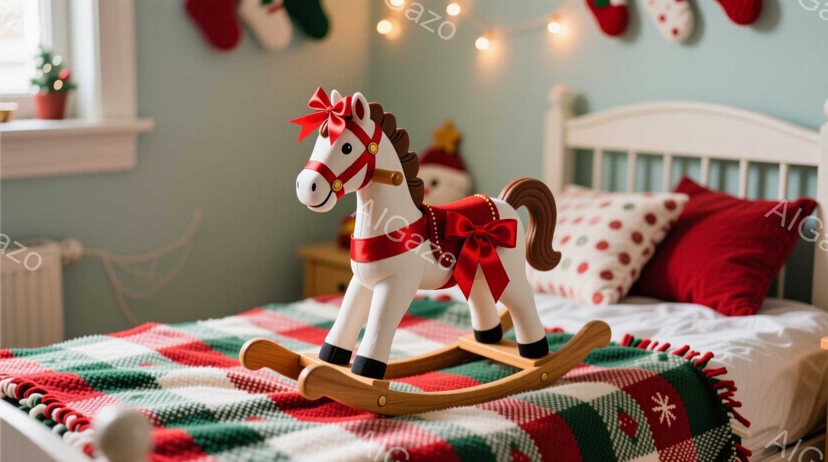 ベッドの上に白いロッキングホースが置かれています。ホースは赤いリボンで飾り付けられ、背景にはクリスマスオーナメントや点滅するライトが見えます。全体的に、暖かく、お祝いムードに満ちたクリスマスの雰囲気で - AI生成フリー素材