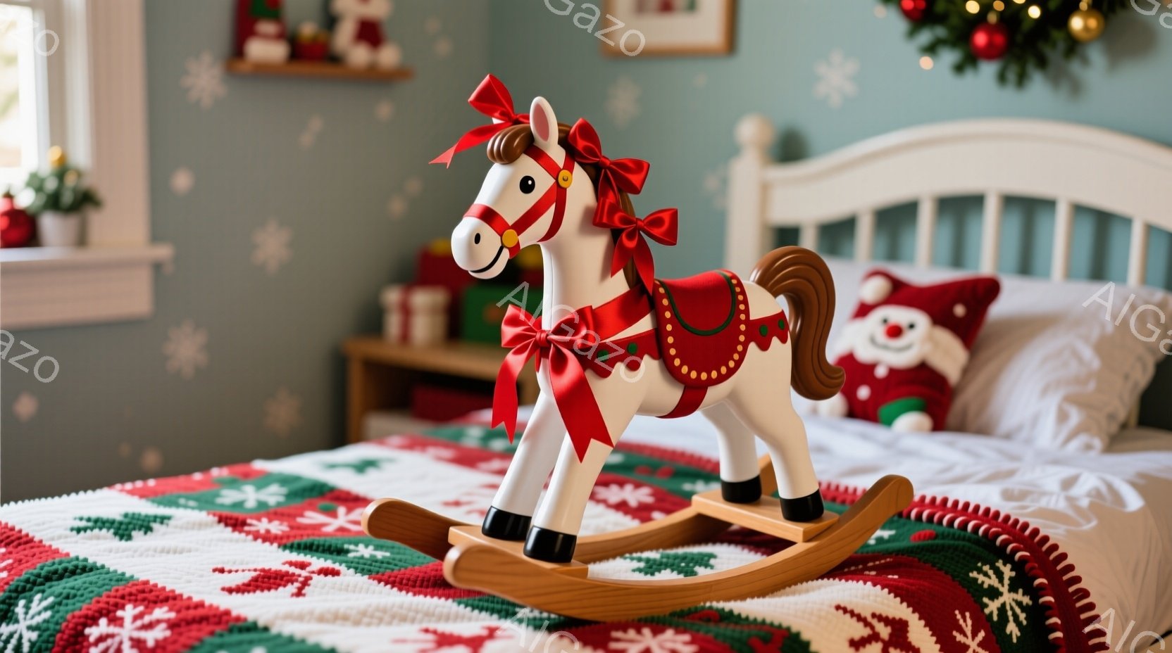 白いロッキングホースがベッドの上に置かれており、赤いリボンと鞍が特徴的です。背景には、クリスマスツリーやオーナメント、そして白い木製のベッドフレームが見え、暖かい雰囲気の子供部屋を描いています。全体的 - AI生成フリー素材