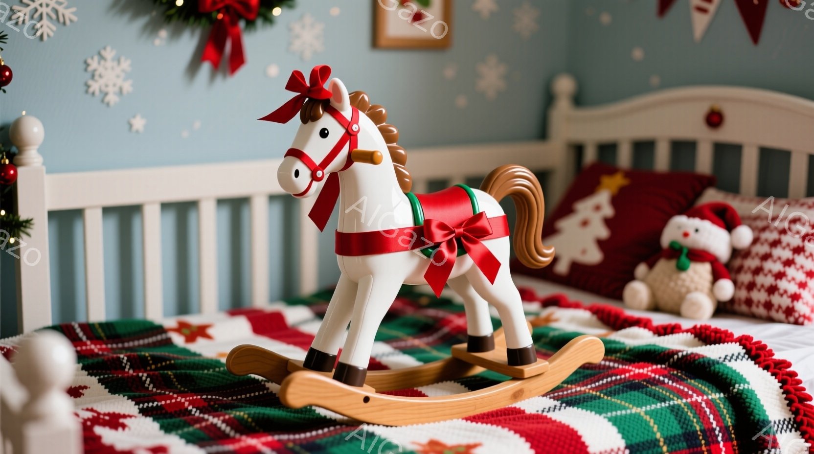 白いロッキングホースが、赤と緑のチェック柄のブランケットの上に置かれた子供部屋にあります。背景には、クリスマス装飾が施されたベッド、テディベア、そしてクリスマスの飾り付けが散りばめられています。全体的 - AI生成フリー素材