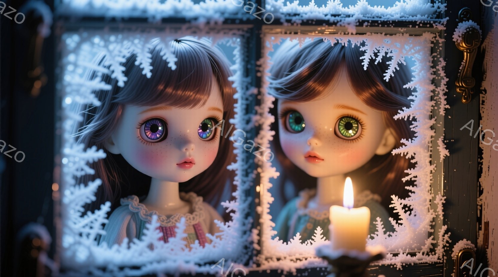 少女のような人形が、雪の結晶で飾られた窓枠の中に佇んでいます。淡い水色のドレスと、肩にかかる茶色の巻き髪が特徴的で、大きな瞳が印象的です。暖かく揺らめくキャンドルの光が、人形の表情を照らし出し、冬の静 - AI生成フリー素材