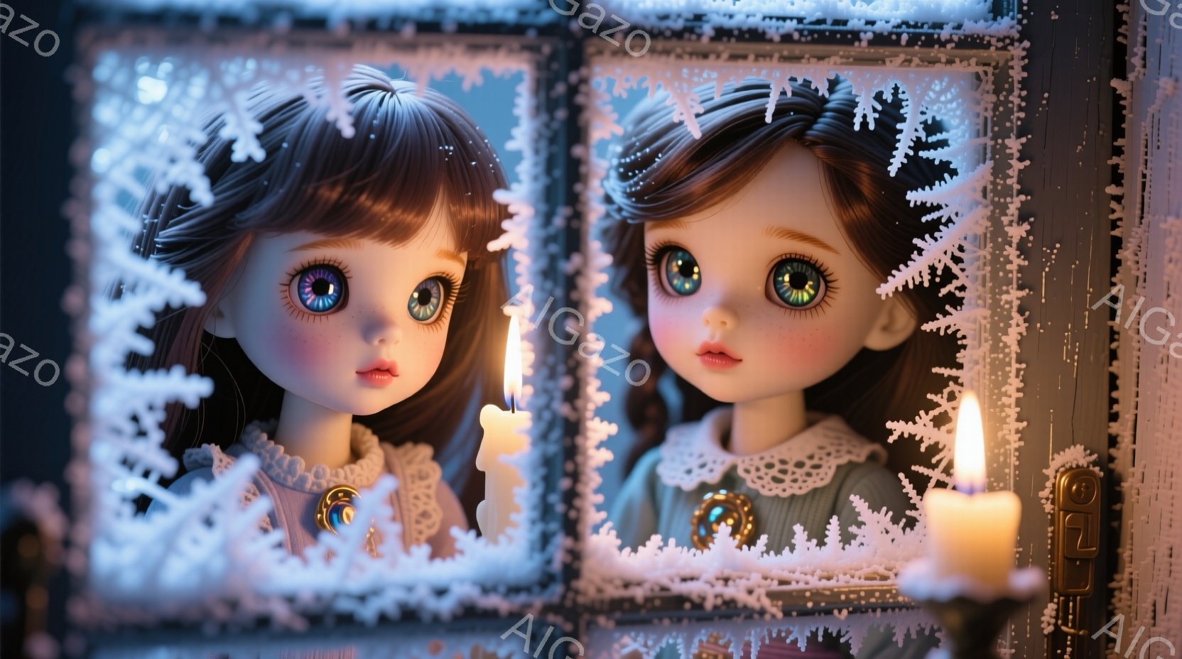 大きな瞳を持つ少女が、凍てついた窓のフレームに映る姿が描かれている。彼女は、レースの襟が付いた緑色のドレスを着ており、暗褐色のカールした髪型をしている。背景には、ぼんやりとした光を放つロウソクが灯って - AI生成フリー素材