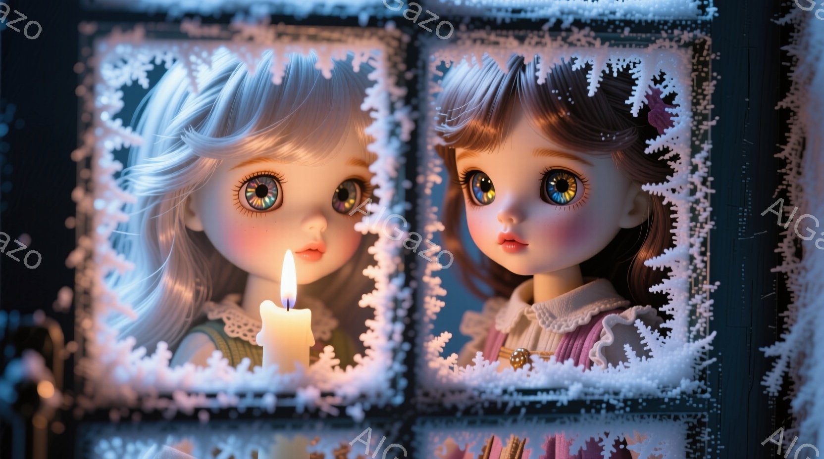 2つの窓枠に飾られた人形が写っています。人形は茶色の巻き毛に、オフホワイトのフリル襟のドレスを着ており、大きな瞳でこちらを見つめています。背景は暗く、窓枠には雪のような模様が描かれ、まるで冬の夜の静か - AI生成フリー素材