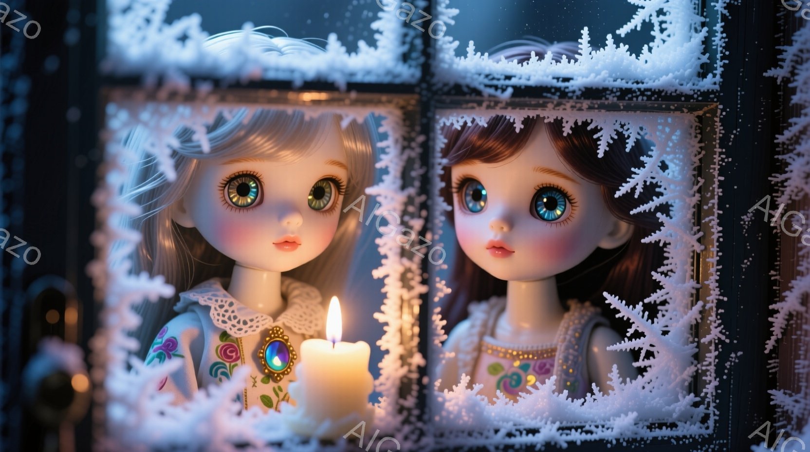 ドールが左右に並んで写っており、それぞれが刺繍の入った白いドレスを着ています。彼女たちは長い茶色の髪を持ち、大きな青い瞳で正面を見つめており、表情は穏やかです。背景は黒い枠に覆われた窓で、雪の結晶模様 - AI生成フリー素材