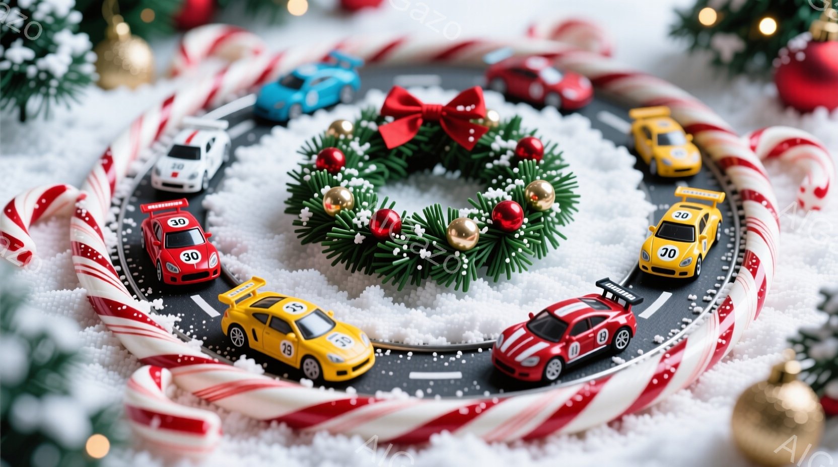 白い模造雪の上に、キャンディケーンで作られた円形のコースがあり、その中央には緑のクリスマスリースと赤いリボンが飾られています。コース上には、赤い、黄色い、青い玩具のレーシングカーが配置されており、それ - AI生成フリー素材