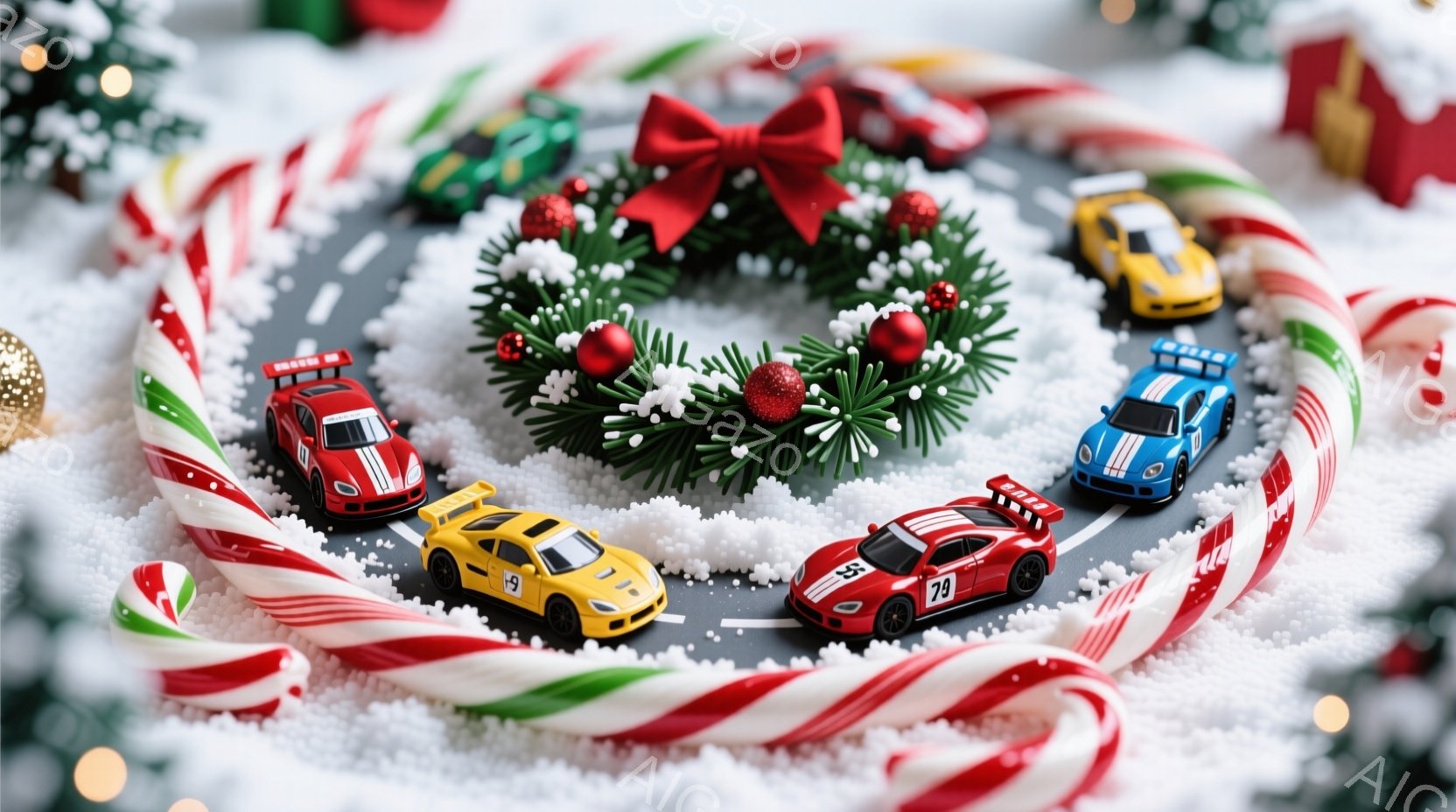 鮮やかなキャンディケーンが雪の上に敷き詰められ、その中心にクリスマスリースが飾られています。ミニカーがリースの周りを走るように配置されており、まるでレーストラックのようです。全体的に暖かく、お祝いムー - AI生成フリー素材
