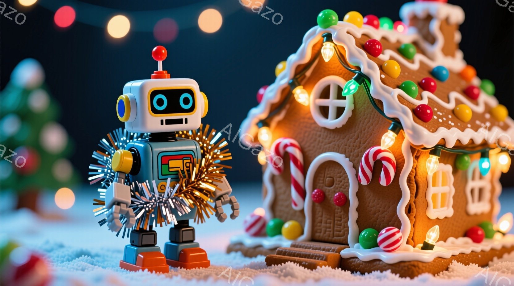 鮮やかな色彩のロボットが、雪景色の中でジンジャーブレッドハウスの前に立っています。ロボットは銀色のきらびやかな飾りを身につけ、片足を少し前に出して立っており、その表情はどこか楽しそうです。背景にはぼや - AI生成フリー素材