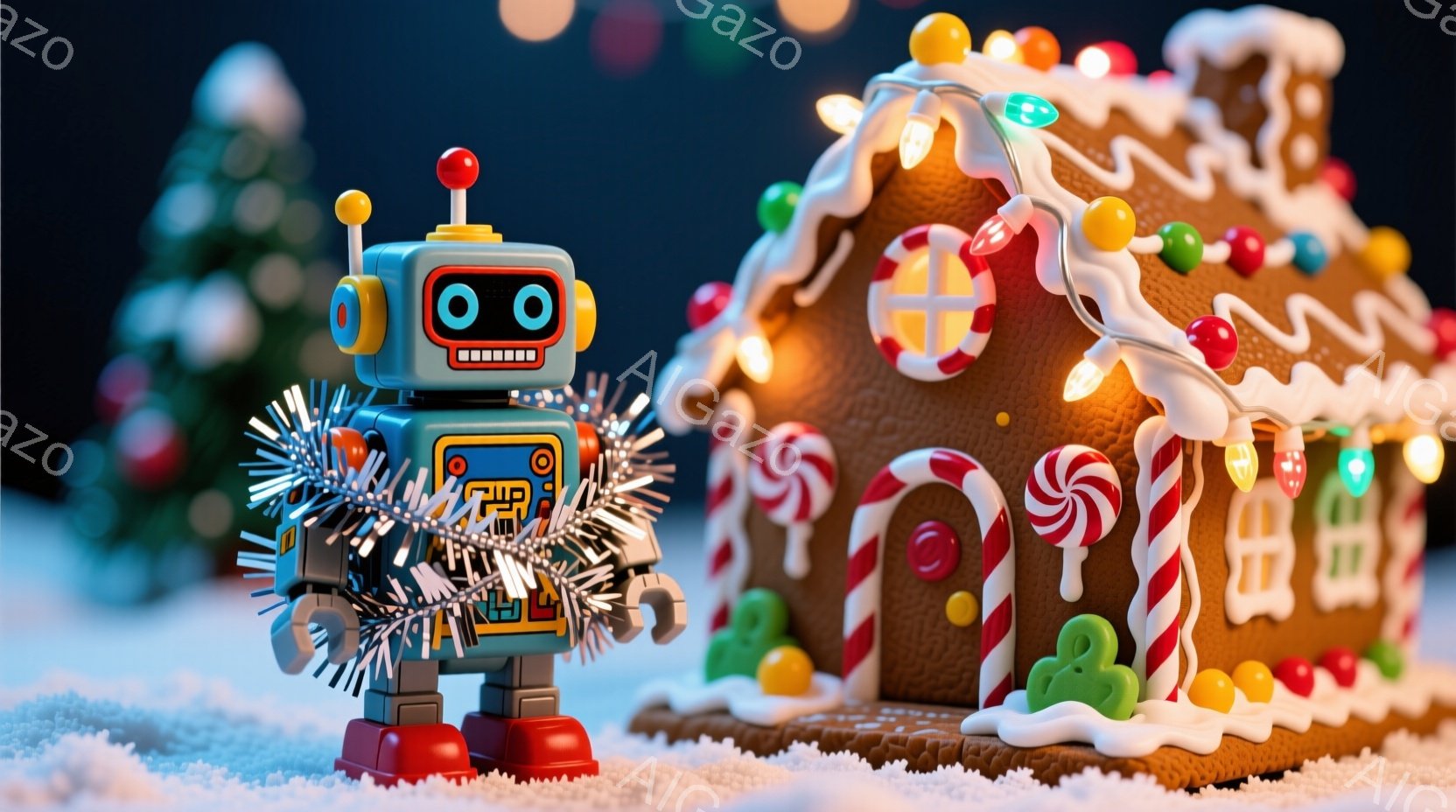 鮮やかな色彩のジンジャーブレッドハウスの隣に、レトロなロボットが立っている。ロボットはアンテナと光る目を持っており、片手にはキラキラとした銀色の飾り付けが巻かれている。背景にはぼやけたクリスマスツリー - AI生成フリー素材