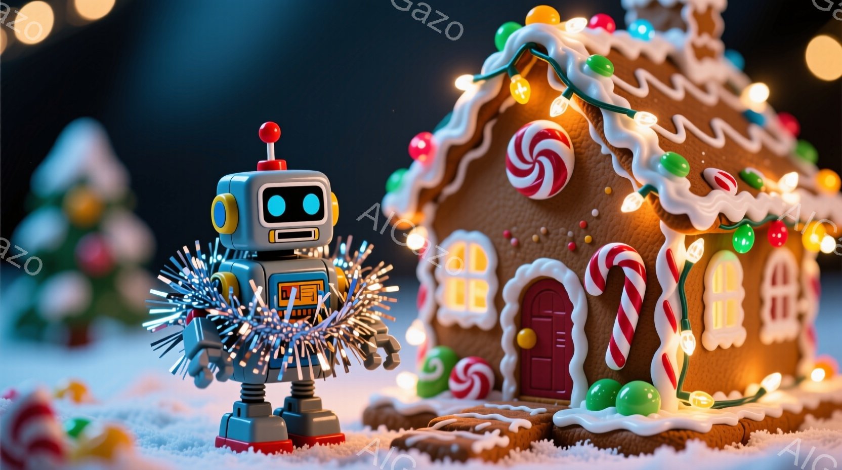 鮮やかな雪景色の中に、お菓子で飾られたジンジャーブレッドハウスとロボットが立っている。ロボットはスパークするような光のオーラを身にまとい、少し横を向いており、背景にはぼやけたクリスマスツリーと暖かく輝 - AI生成フリー素材