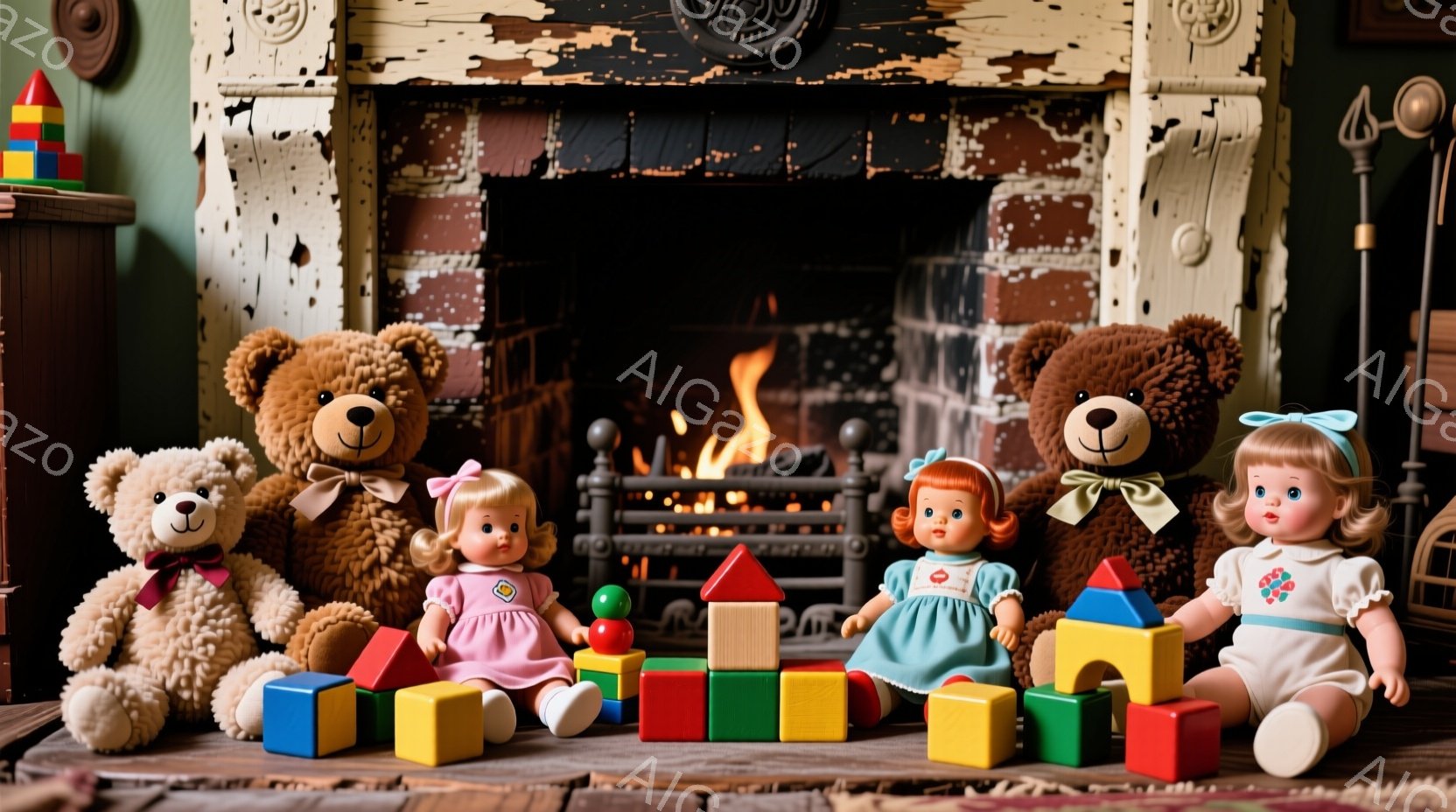 暖炉の前には、３体の人形と２体のテディベアが積み木で遊んでいます。人形たちはそれぞれピンク色のドレスを着ており、金髪または赤毛で、愛らしい表情をしています。背景には煉瓦造りの暖炉があり、火が灯って温か - AI生成フリー素材