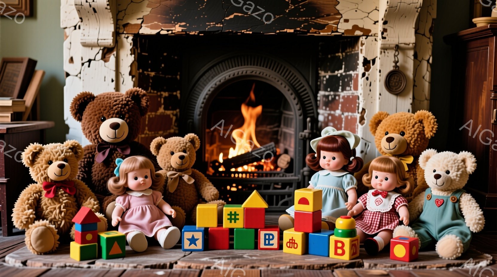 暖炉の前には、様々なテディベアと人形がカラフルな積み木に囲まれて座っています。人形は赤いワンピースと白いエプロンを着て、頭には帽子をかぶり、クラシカルな印象を与えます。背景にはアンティーク調の暖炉と家 - AI生成フリー素材