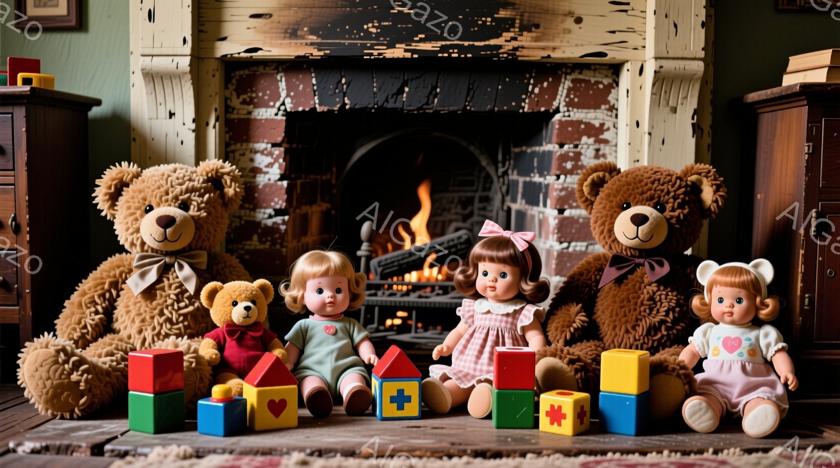暖炉の前には、大きなテディベア２体と、可愛らしい人形が２体座って、カラフルな積み木で遊んでいます。人形はそれぞれピンクと水色のドレスを着て、髪はカールしてリボンで結ばれており、愛らしい表情をしています - AI生成フリー素材
