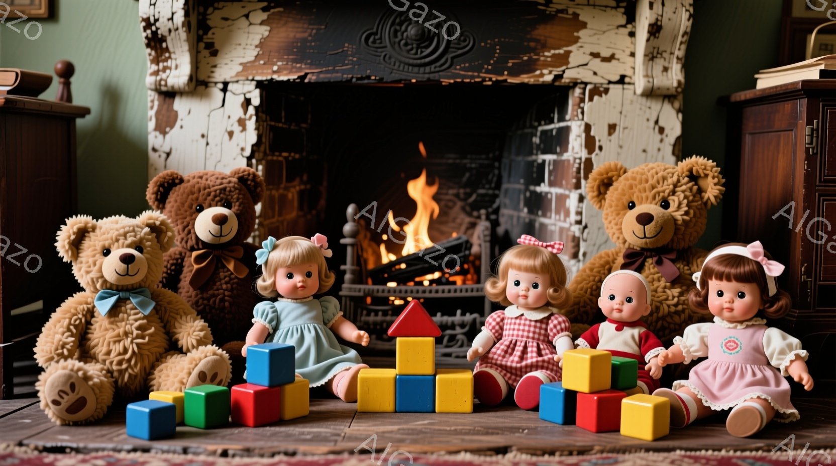 温かみのある暖炉の前で、可愛らしいテディベアと人形たちが積み木で遊んでいます。人形たちはそれぞれピンクやチェック柄のワンピースを着ており、金髪の巻き毛が特徴的です。暖炉の炎と積み木のカラフルさが、子供 - AI生成フリー素材