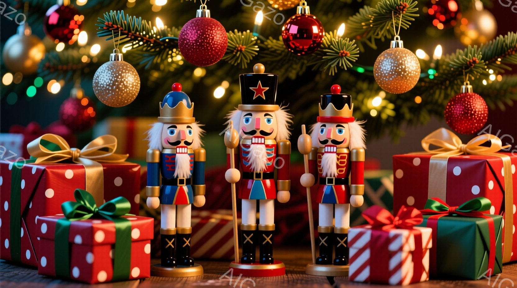 クリスマスツリーを背景に、3体の木製人形とプレゼントの箱が並んでいます。人形たちはそれぞれ赤いジャケット、金色のズボン、黒いブーツを履いており、誇らしげな表情をしています。背景にはキラキラと輝く電飾と - AI生成フリー素材