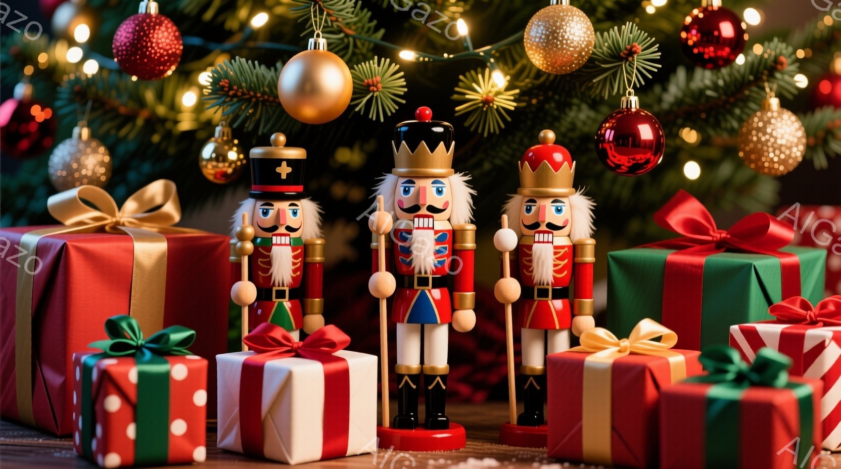 クリスマスツリーの前に、兵隊の置物３体が整列しており、赤いジャケット、青いズボン、黒いブーツを身につけている。彼らは皆、白いひげと厳格な表情をしており、伝統的なクリスマスの装飾の一部となっている。背景 - AI生成フリー素材