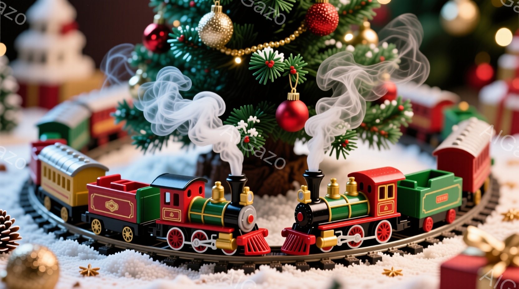 クリスマスツリーを背景に、緑と赤のカラフルな模型列車が雪の敷かれたトラックの上を走っている様子が描かれています。蒸気機関車の煙突からは白い煙が立ち上り、列車は賑やかな雰囲気を醸し出しています。背景には - AI生成フリー素材
