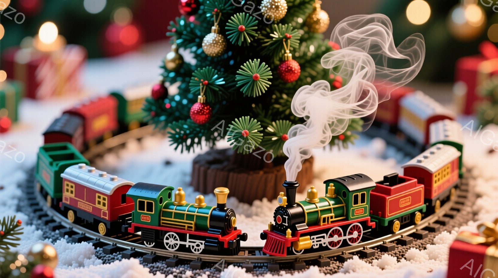 クリスマスツリーを背景に、緑と赤色のミニチュア列車が雪景色の中に佇んでいます。列車からは蒸気が立ち上り、まるで雪の中を走っているかのような情景を作り出しています。背景にはぼやけた光のイルミネーションが - AI生成フリー素材
