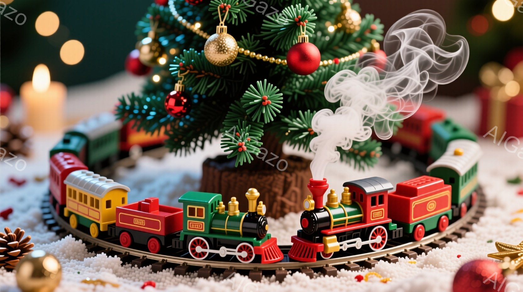 クリスマスツリーを背景に、赤い、緑、そしてクリーム色の小さな列車が雪の上に走っている様子が描かれています。列車は蒸気を上げながら、丸いトラック上を走っており、クリスマスの飾りや松ぼっくり、光る玉などが - AI生成フリー素材