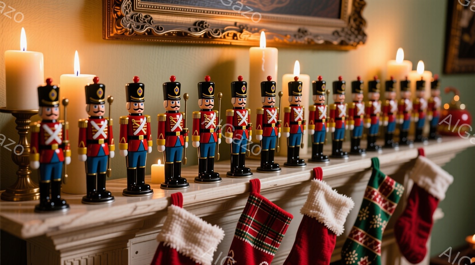 白い暖炉の棚に、兵隊の形をした木のおもちゃの兵隊が整然と並べられています。赤いジャケット、黒いズボン、白いブーツ、そして特徴的な帽子を身に着け、クリスマスシーズンを象徴する装飾の一部となっています。暖炉の棚には、クリスマスソックスがいくつか吊るされており、背景にはぼやけた暖色の光が温かい雰囲気を醸し出しています。