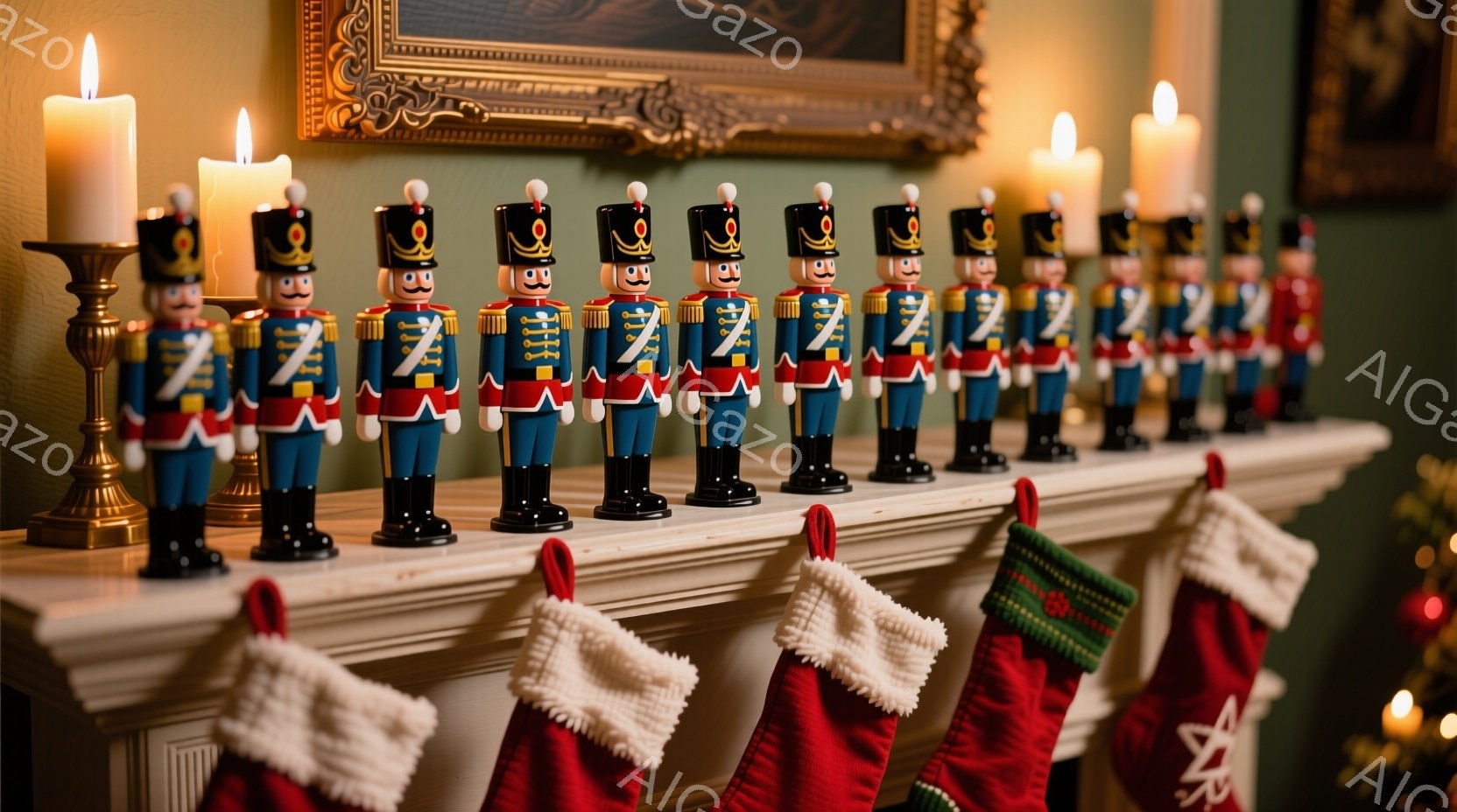 マントルピースの上に、カラフルな木製人形兵士が整然と並べられています。赤いジャケット、黒いズボン、白いブーツを履き、金色の髪と特徴的な白いひげを持っています。人形の背後には、クリスマスシーズンを象徴す - AI生成フリー素材