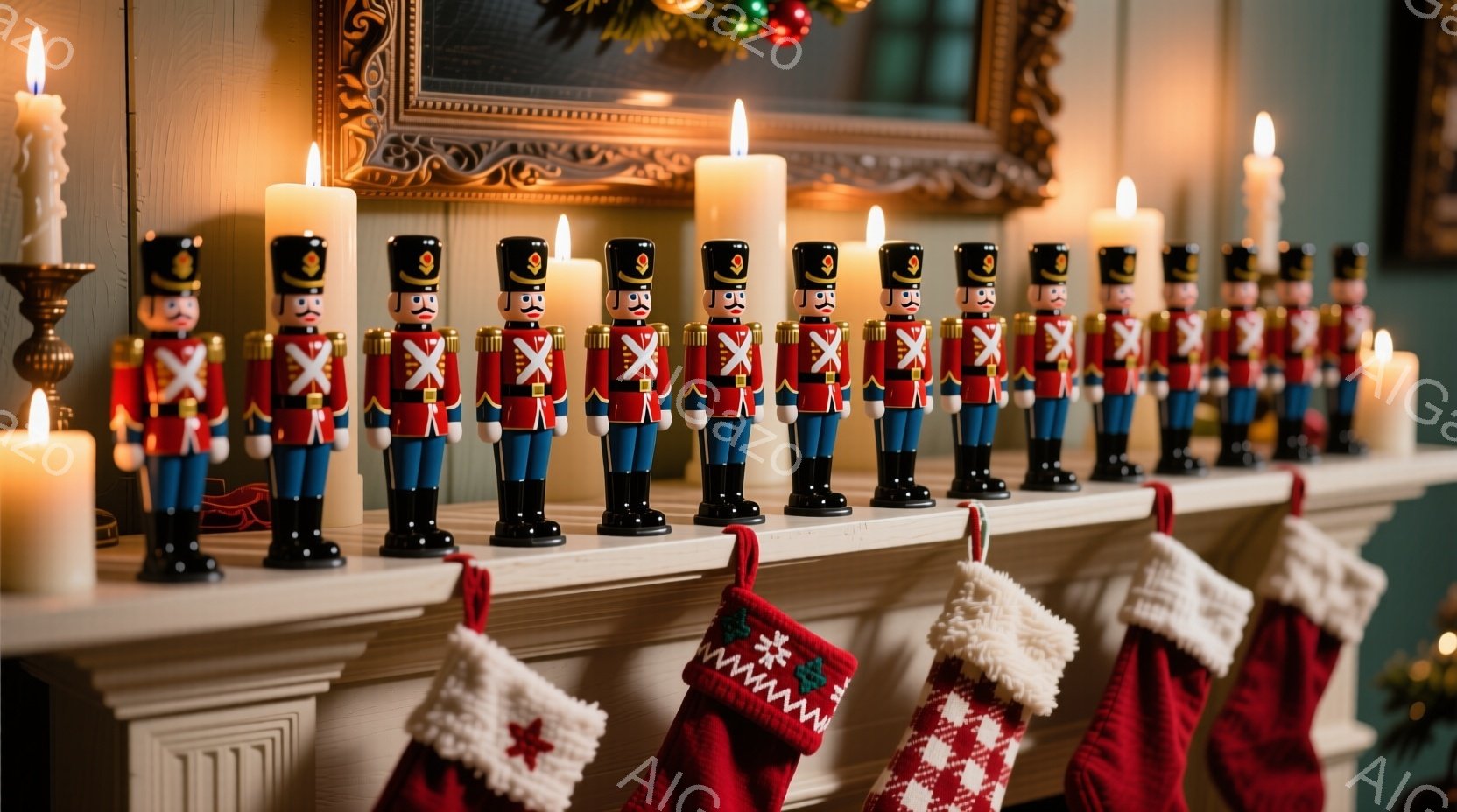 暖炉の棚に、一列に並んだ兵隊のおもちゃが並んでいます。赤いジャケットと黒いブーツを身につけたおもちゃたちは、皆同じ姿勢で立っており、表情はありません。背景には金色のフレームの絵画やクリスマスストッキン - AI生成フリー素材