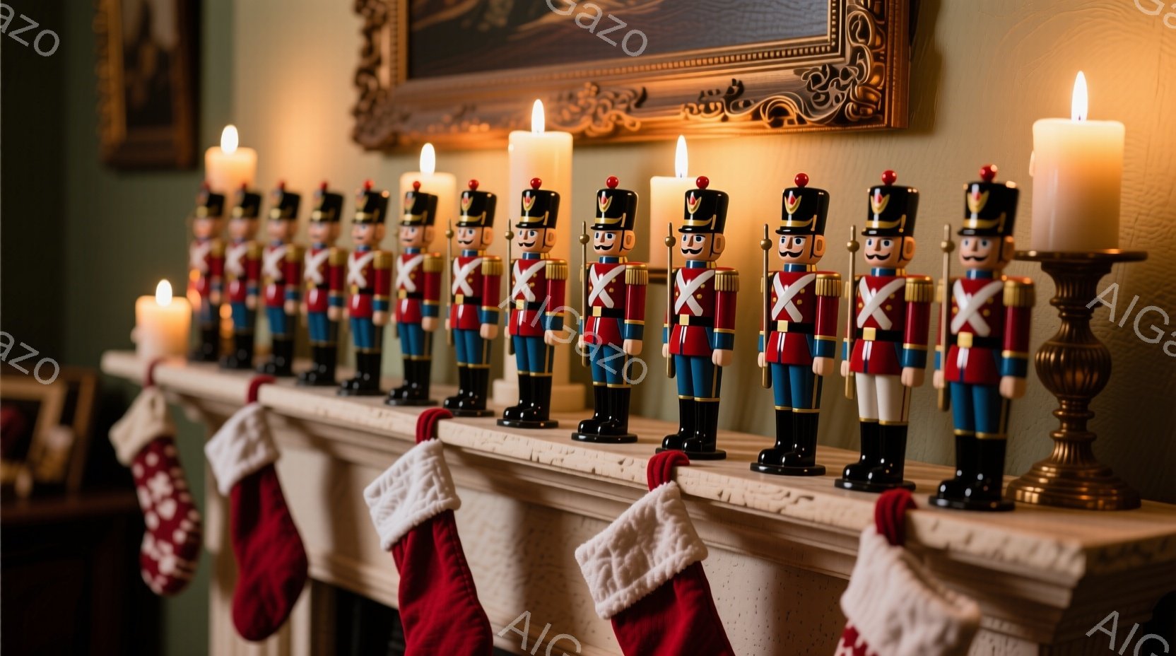 暖炉の上に、色とりどりの兵隊の人形が整然と並べられています。赤いジャケット、黒いズボン、白い帽子をかぶり、赤いストッキングが左右に配置され、金色の燭台と灯りが暖炉の棚を彩っています。全体的にクリスマスの温かく華やかな雰囲気が漂っています。